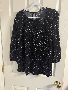 Adrianna Papell Black Blouse with White Polka Dots